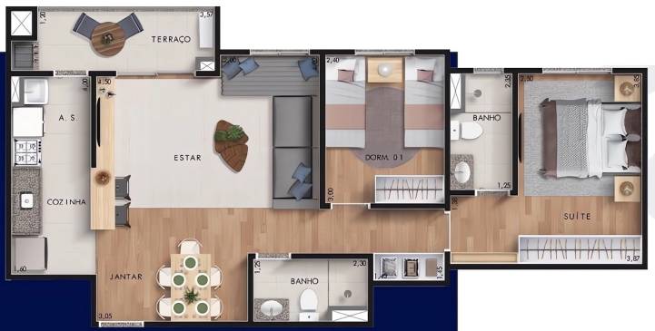 Planta do apartamento de 66 m² no Brisas Bella Città em Campinas.
