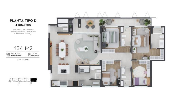 Planta tipo d avenida 105 do Avenida 105 4 quartos sendo 2 suites 154m²