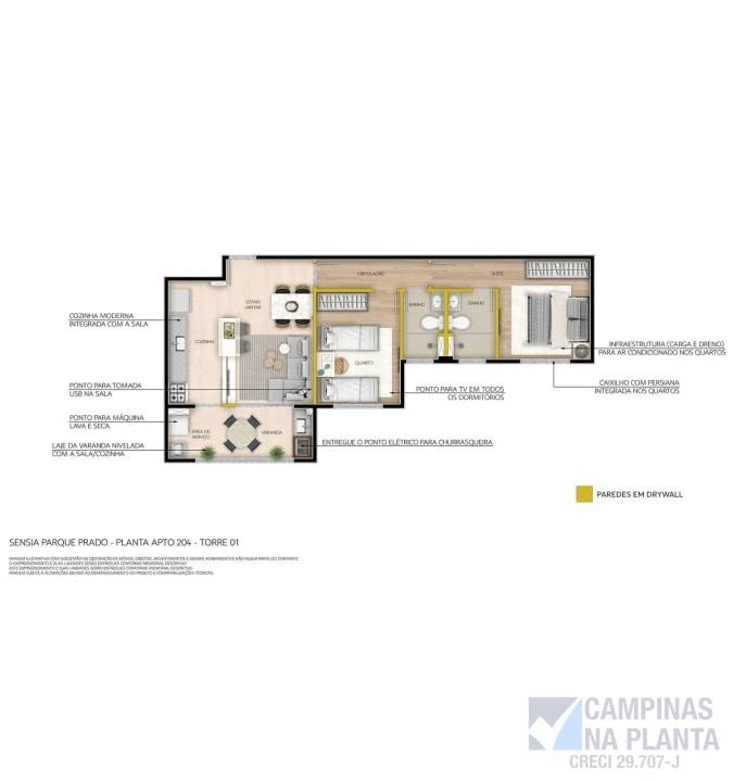 planta 1 suite e 1 quarto apto 206