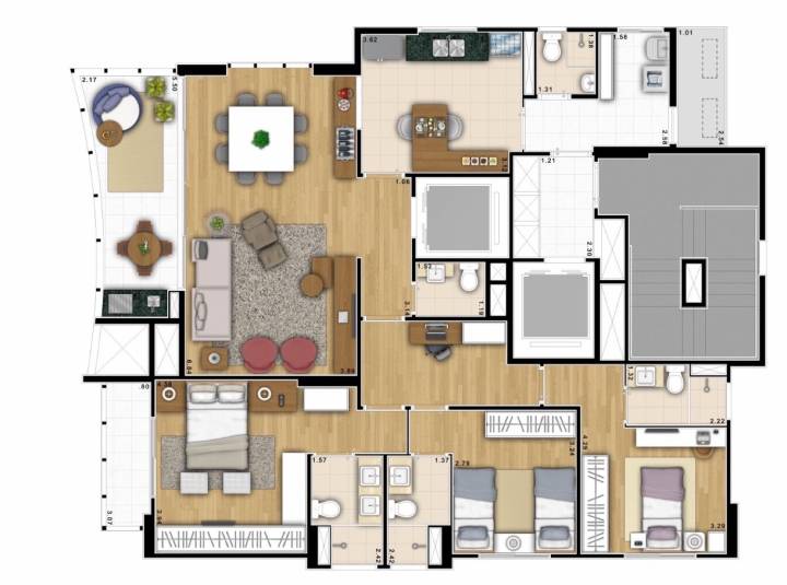 Planta humanizada de 3 suítes