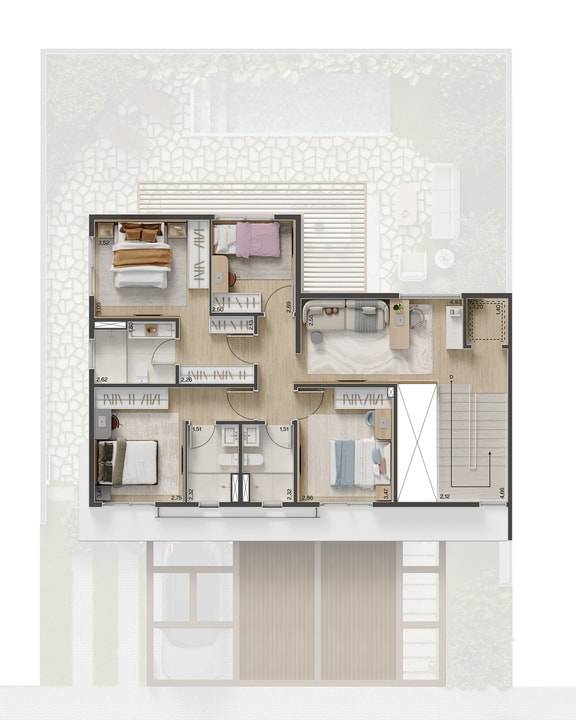 Planta do pavimento superior da Casa Petra, com 4 dormitórios e 2 suítes, no condomínio Casa da Mata Gramado, um breve lançamento em Gramado, com casas na planta em Campinas.