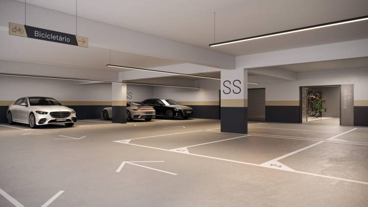 Garagem do Avenida 105 com vagas cobertas e circulação ampla.