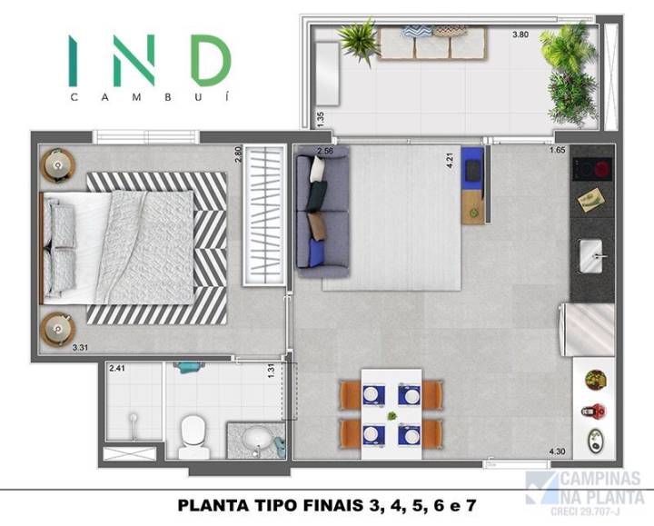 Planta 40,54m² do Ind Cambui lançamento em Campinas - SP